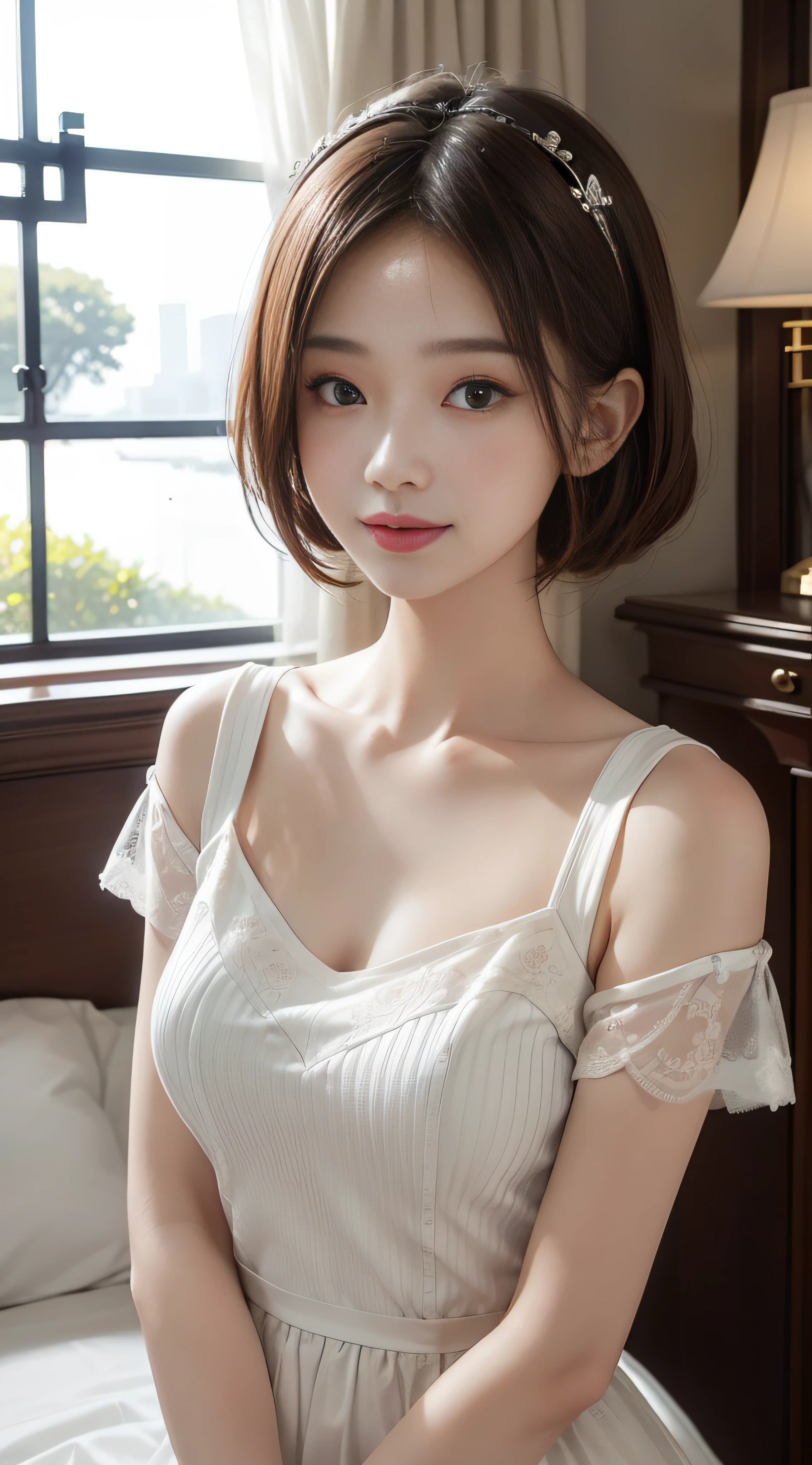 masterpiece、Top image quality:1.2、((beautiful young woman with))、Transparent skin:1.2、{A slight smil}、(kawaii)、Short sleeve knit:2.0、luxury hotel、depth of fields、Sharp Focus:3.0、Fine details、The chest is sheer、poseing、Show the armpits