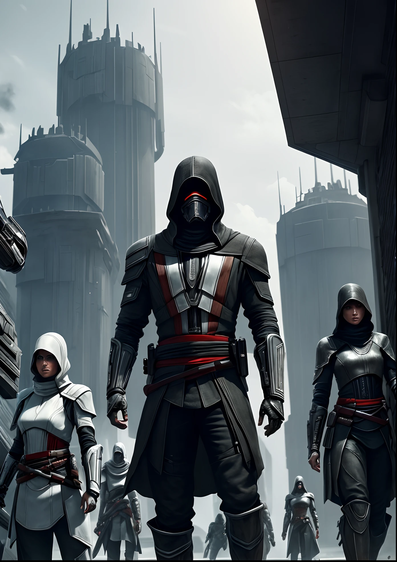 Futuristic,sci fi armour,A group of assassin's, futuristic star wars assassin's Creed outfit,6 people,night,red eyes glowing in the dark,dark, monochrome, black outfits,all looking at the viewer,upper body, realistic lighting, unreal engine 5, CGI illustration,standing on Rooftops,