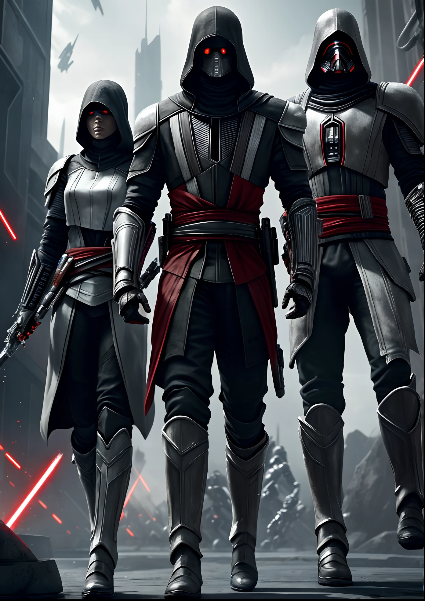 Futuristic,sci fi armour,A group of assassin's, futuristic star wars assassin's Creed outfit,6 people,night,red eyes glowing in the dark,dark, monochrome, black outfits,all looking at the viewer,upper body, realistic lighting, unreal engine 5, CGI illustration,standing on Rooftops,