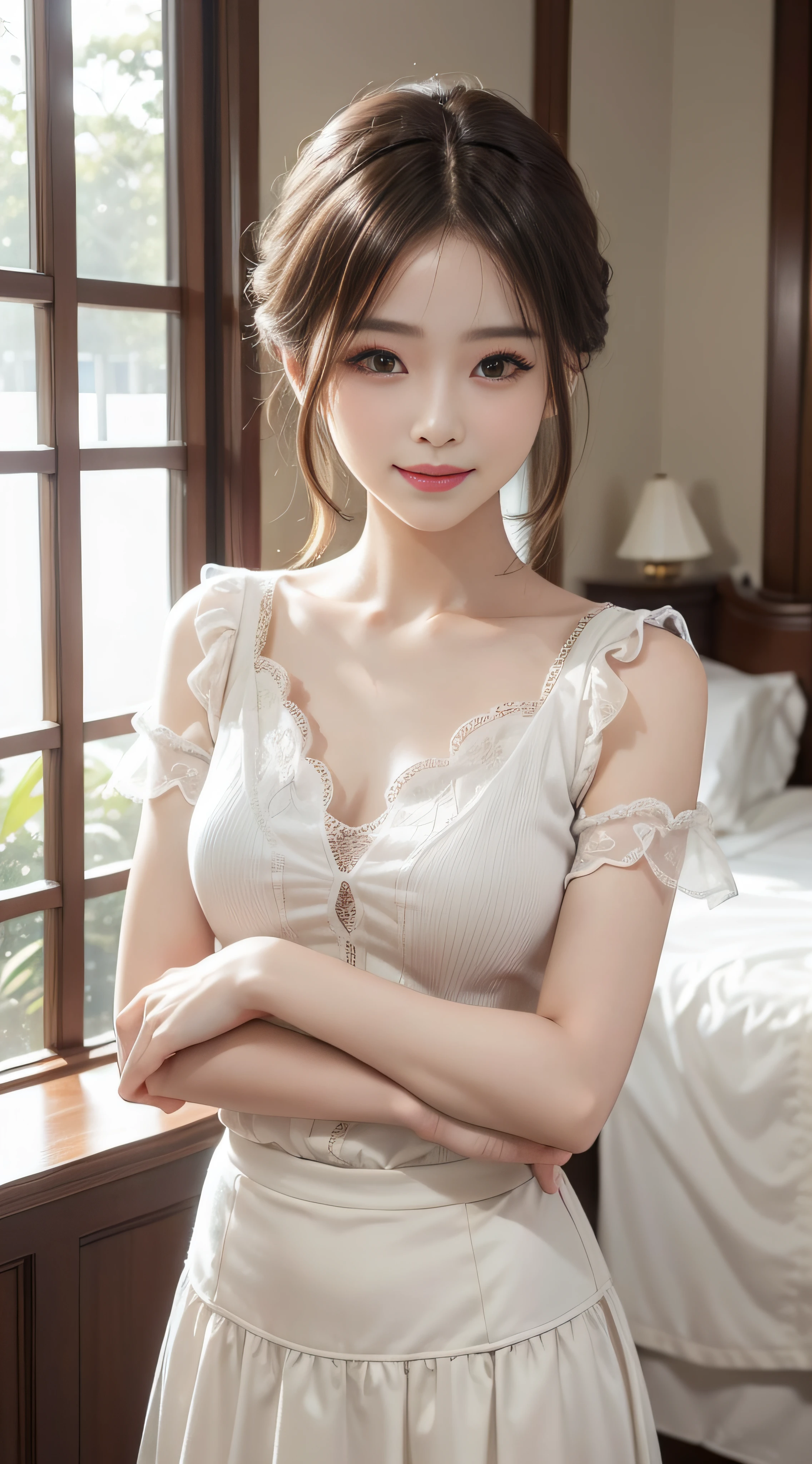 (1 girl,day view),(illustration),(pretty,very long hair),(best quality,Super fine details),(romantic,colorful)，Symmetrical charming eyes, smile， indoors，sleeping on sofa, nightdress, white skin,look at me