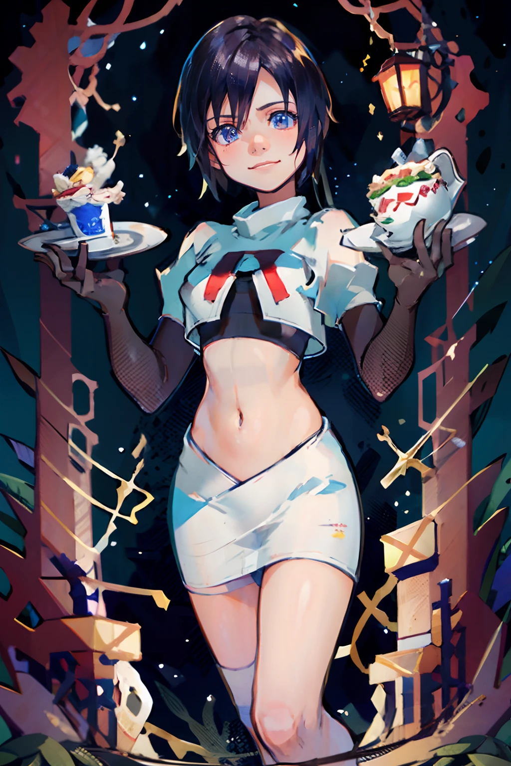 xion,1girl,team rocket,team rocket uniform,white skirt,crop top,black thigh-highs,black elbow gloves ,smug face