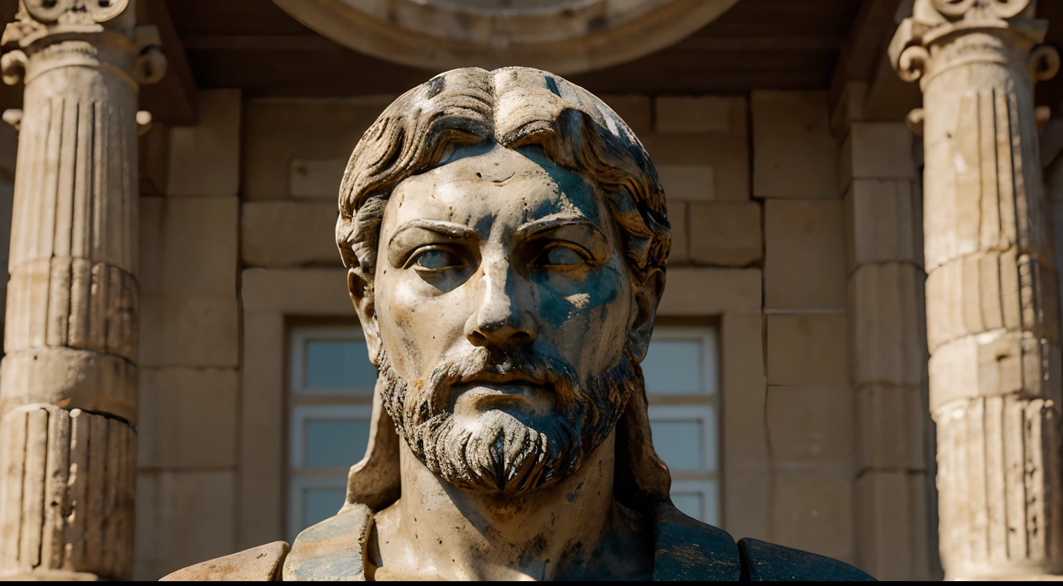 Ancient Stoic Statue With Very Angry Expression, tem barba, muitos detalhes em ambos os olhos, Outside, fundo atenas grego, open sky, com rosto extremamente detalhado full body view, Colors with low saturation with dark tone, Filmado em Sony A7S III com Sony FE 35mm f/1.8, 12.1 MP, --AR 3:2 --estilo cru
