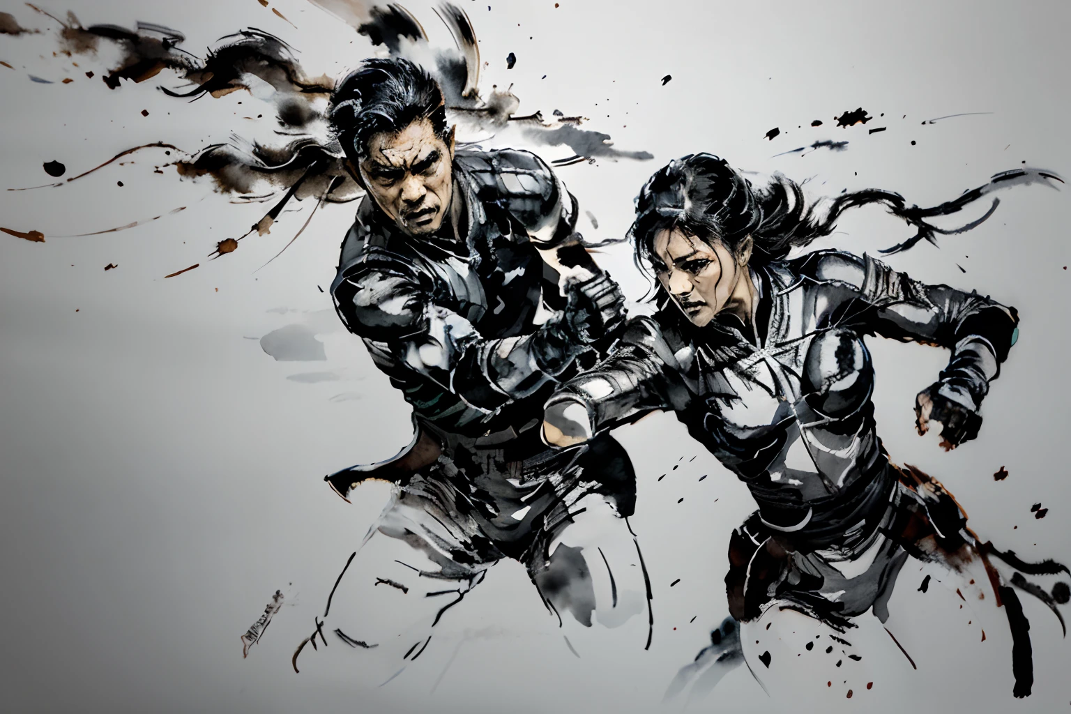 "(Best quality,A high resolution)Assist friends during fights,Two people hit one,ancientry,ink and watercolor painting,Brush strokes,dynamic movements,Quick strokes,fluid movement,contrast of light and shadow,Classic Chinese art style,Black, white, gray color,Dramatic composition,Traditional calligraphy brushwork"