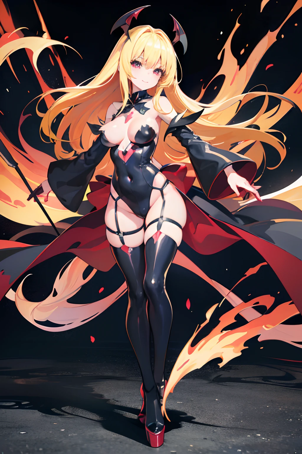 Carefully draw the face 5 girl High-quality faces in anime style a blond Shiny black full body suit Black High Heels Red lines all over the body seductiv a smile Morrigan Aensland