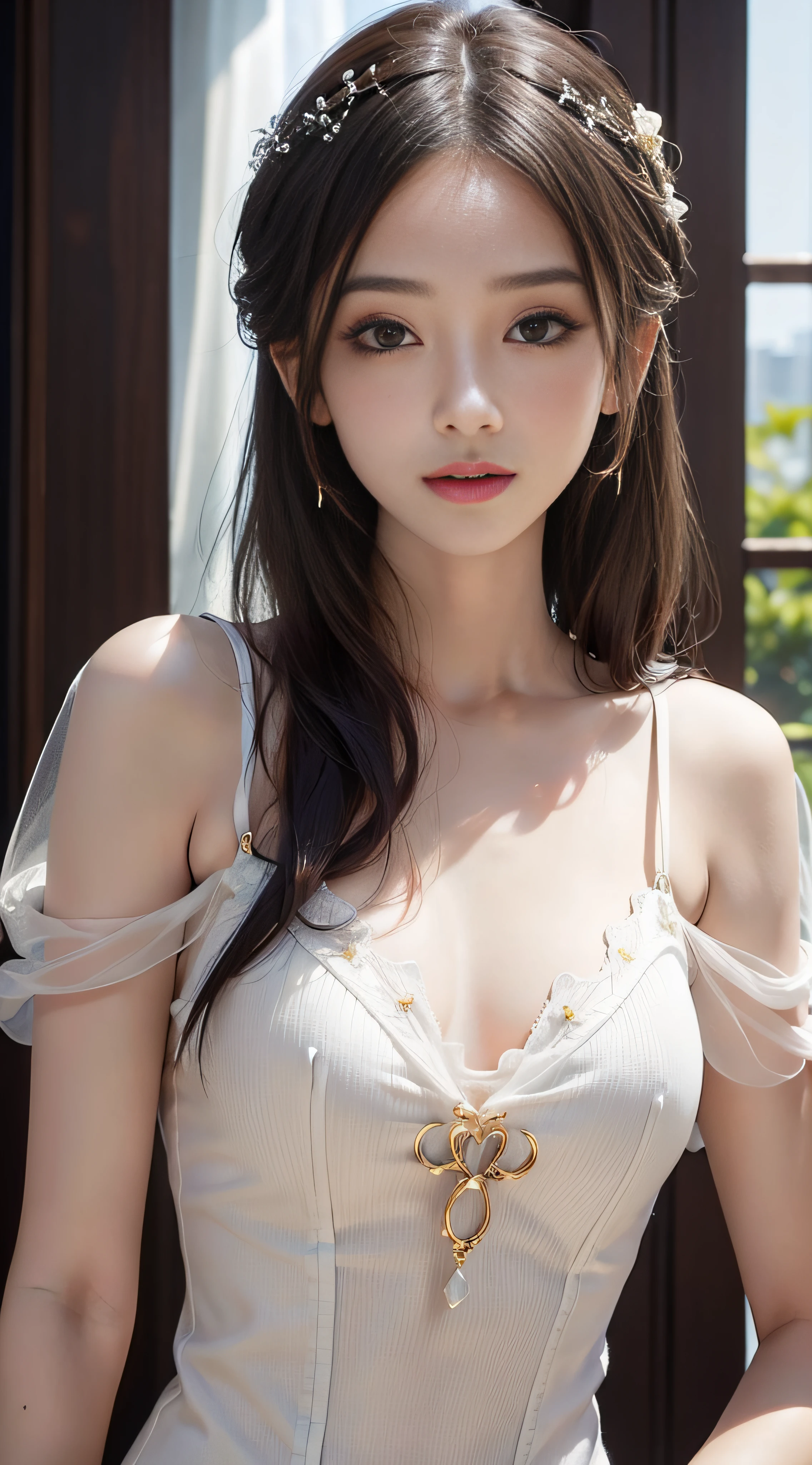 masterpiece、Top image quality:1.2、((beautiful young woman with))、Transparent skin:1.2、{A slight smil}、(kawaii)、Short sleeve knit:2.0、luxury hotel、depth of fields、Sharp Focus:3.0、Fine details、The chest is sheer、poseing、Show the armpits、teats