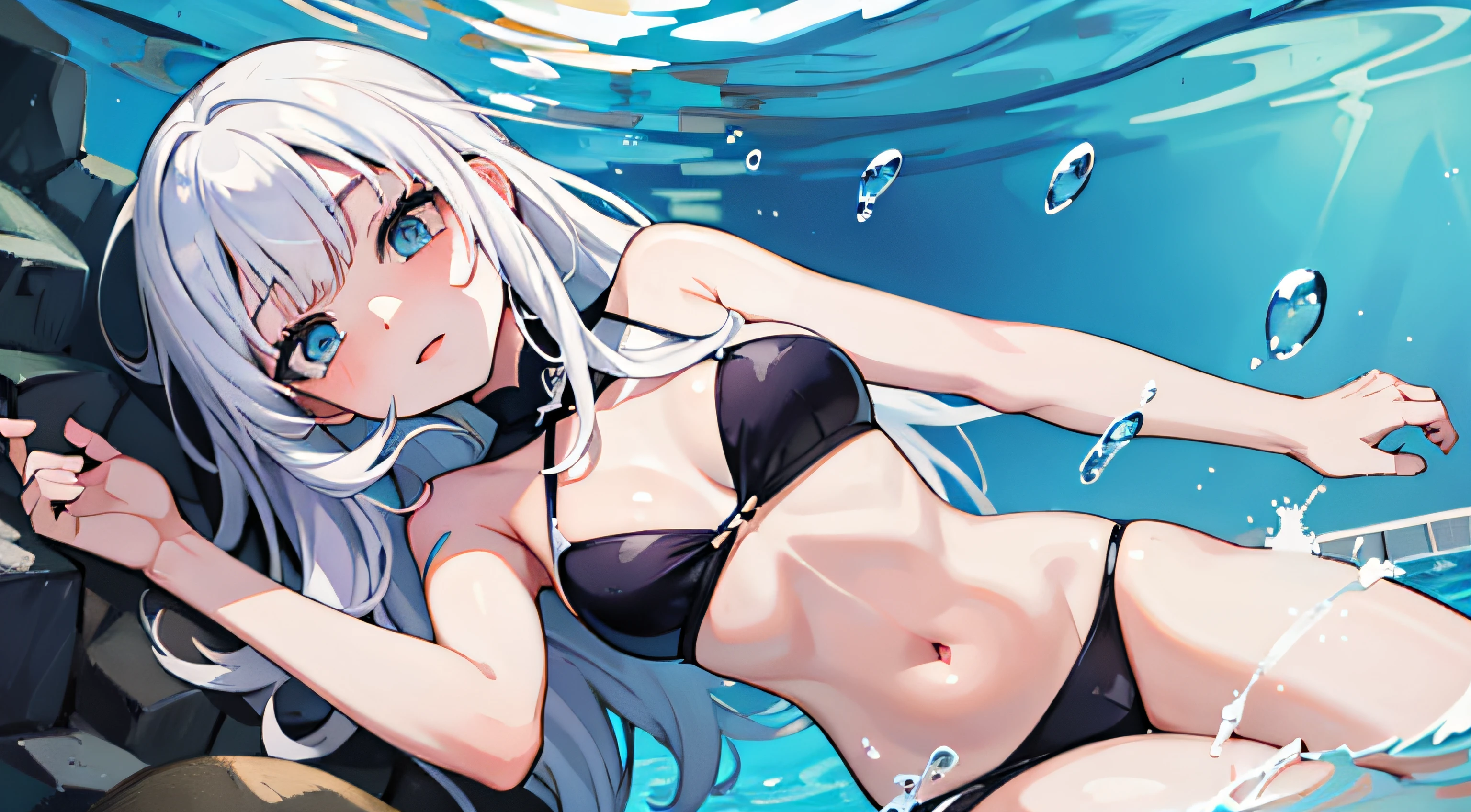 partial underwater shot,White-haired and blue-eyed girl swimming in the pool of the villa,anime