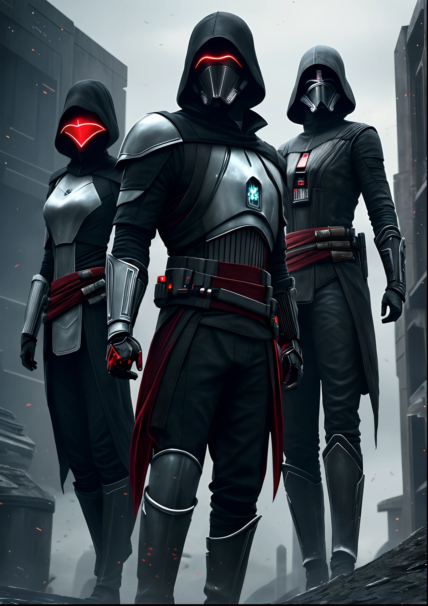 Futuristic,sci fi star wars X assassin's Creed armour,A group of assassin's, futuristic star wars assassin's Creed outfit,6 people,night,red eyes glowing in the dark,dark, monochrome, black outfits,all looking at the viewer,upper body, realistic lighting, unreal engine 5, CGI illustration,standing on Rooftops,