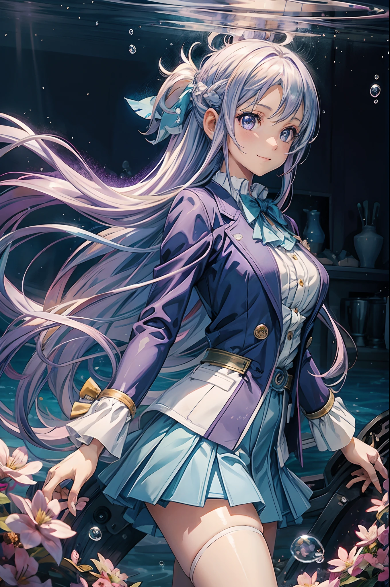 Anime girl with purple hair and purple eyes on underwater background, Over all、A smile、underwater hair physics,Air bubbles,Light coming in from the water,Reflectors,Put in water,Split layer of water,school of fish,Beauty、Highly detailed CG Unity 8k wallpaper, [3D images:1.15],Attractive eyes、[[A detailed eye、Colorful eyes、radiant eyes:1.15]], poneyTail, Blazer, Blue jacket, Blue Ribbon, Blue skirt, buttoning, Collared shirt, Jacket, Long sleeves, Neck ribbon, Pleated skirt, bow ribbon,