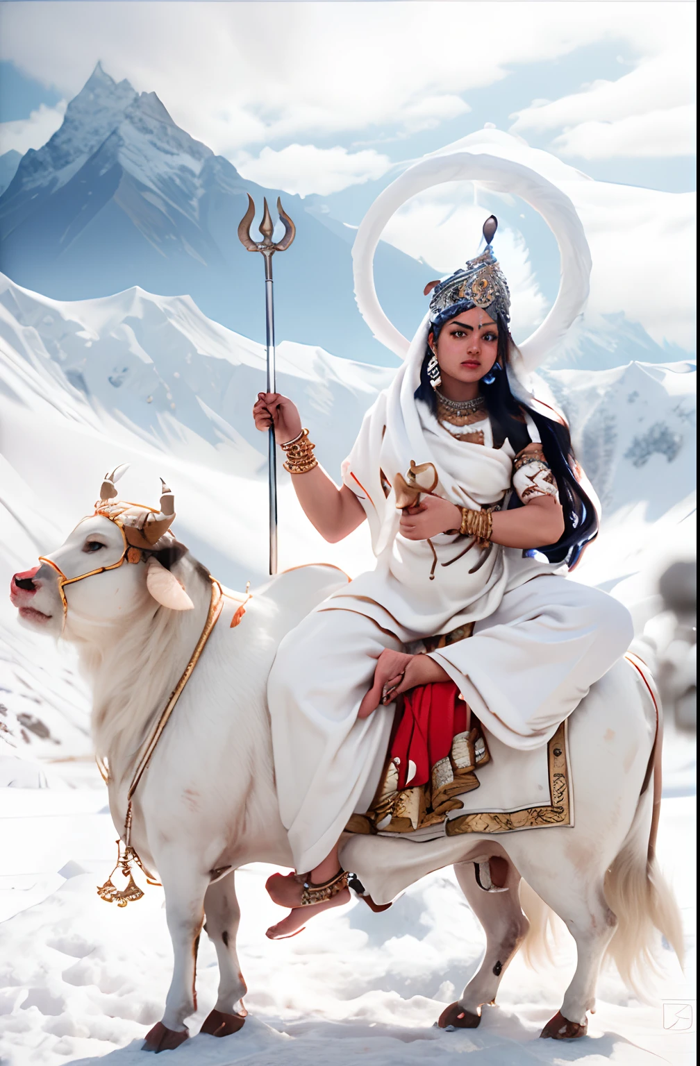 Hindu Goddess on white bull with trident like weapon in hand amdist snow cap mountains in background, masterpiece intricateDetails ,Hyperdetailed, octane render volumetric lighting, Cinematic ,dramatic lighting