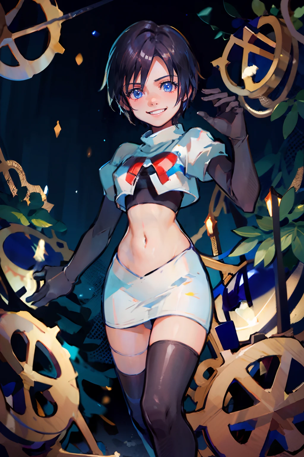 xion,1girl,team rocket,team rocket uniform,white skirt,crop top,black thigh-highs,black elbow gloves ,evil smile