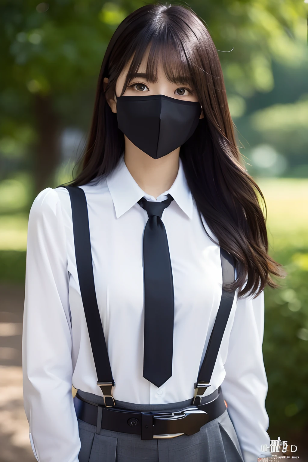 ​masterpiece、top-quality、The ultra -The high-definition、、colourfull、flat-colors、depth of fields、lens flare 1 girl、、A dark-haired、watching at viewers　Suits　Cutter shirt　a belt　suspenders　working adults　materia　OL　Black Suit　Black jacket　glares　Big Breasts Mask