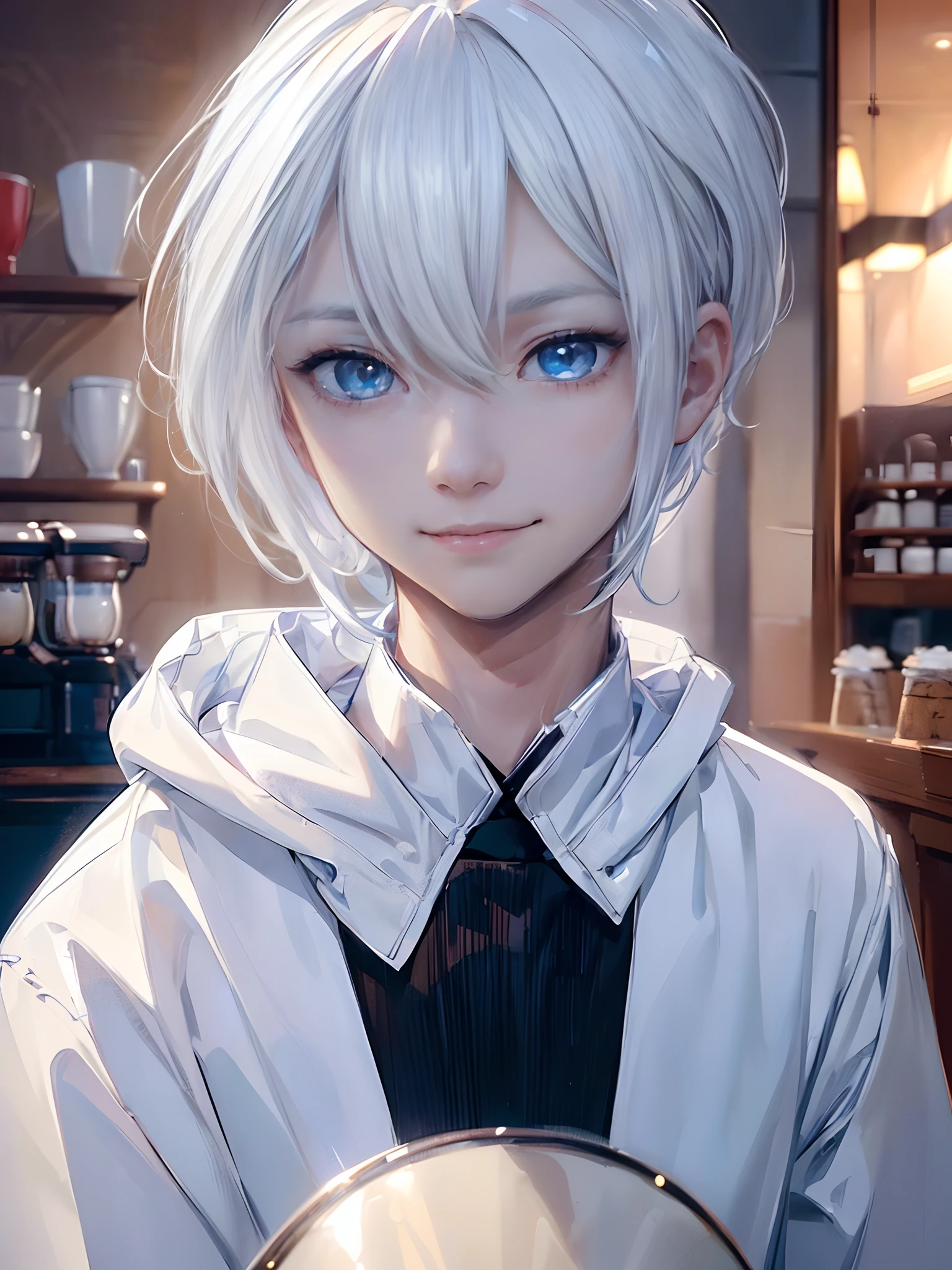 ((4K works))、masterpiece、(top-quality)、One beautiful boy、Slim body、tall、((Black Y-shirt and white pants、Charming street style))、Please wear one jacket、Wearing a hood to hide his face、(Detailed beautiful eyes)、Daytime coffee shop、((Bright coffee shop interior))、Stylish coffee shop、((Face similar to Carly Rae Jepsen))、((Short-haired white hair))、((Smaller face))、((Neutral face))、((Bright blue eyes))、((American adult male))、((Adult male 26 years old))、((Cool Men))、((Like a celebrity))、((Smiling expression))、((Korean Makeup))、((elongated and sharp eyes))、((Happy dating))、((boyish))、Professional Photos、((Focus zoom on face))、((Face enhancement))、((Facial do-up))、((Shot alone))、((Shot from diagonally below))、((Close-range shooting))、((He stares at the viewer))、((Bring your face closer to the camera))、((Put your hand on your cheek and smile))、((He sits in front of the viewer))