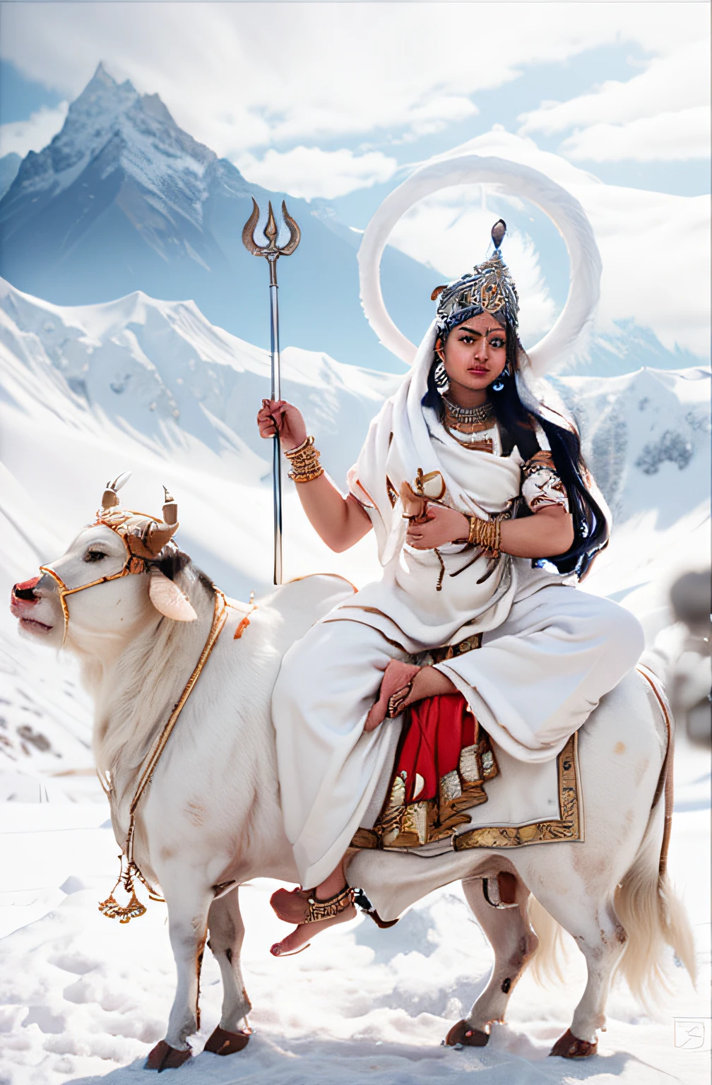 Hindu Goddess on white bull with trident like weapon in hand amdist snow cap mountains in background, masterpiece intricateDetails ,Hyperdetailed, octane render volumetric lighting, Cinematic ,dramatic lighting