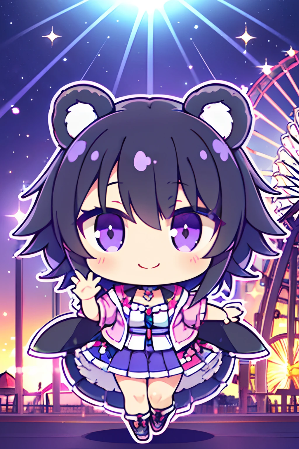 tchibi, (nendoroid),, ((Bear-eared Kenomi Girl)), ((Black hair berry berry short,Purple and blue inner colors)), (((Hair over one eye))), (((Yellow and purple odd-eye))), plump shiny lips, Beautiful clear eyes, (The best smile), Spoken Heart, Leaning forward, (Dynamic Pose:1.2), (Gothloli style clothes), (Shoulder less), (jaket), (shortpants), (Castles), (the Ferris wheel), (Theme Park Background), (Shining sunlight), masutepiece,Best Quality,ultra-detailliert,
