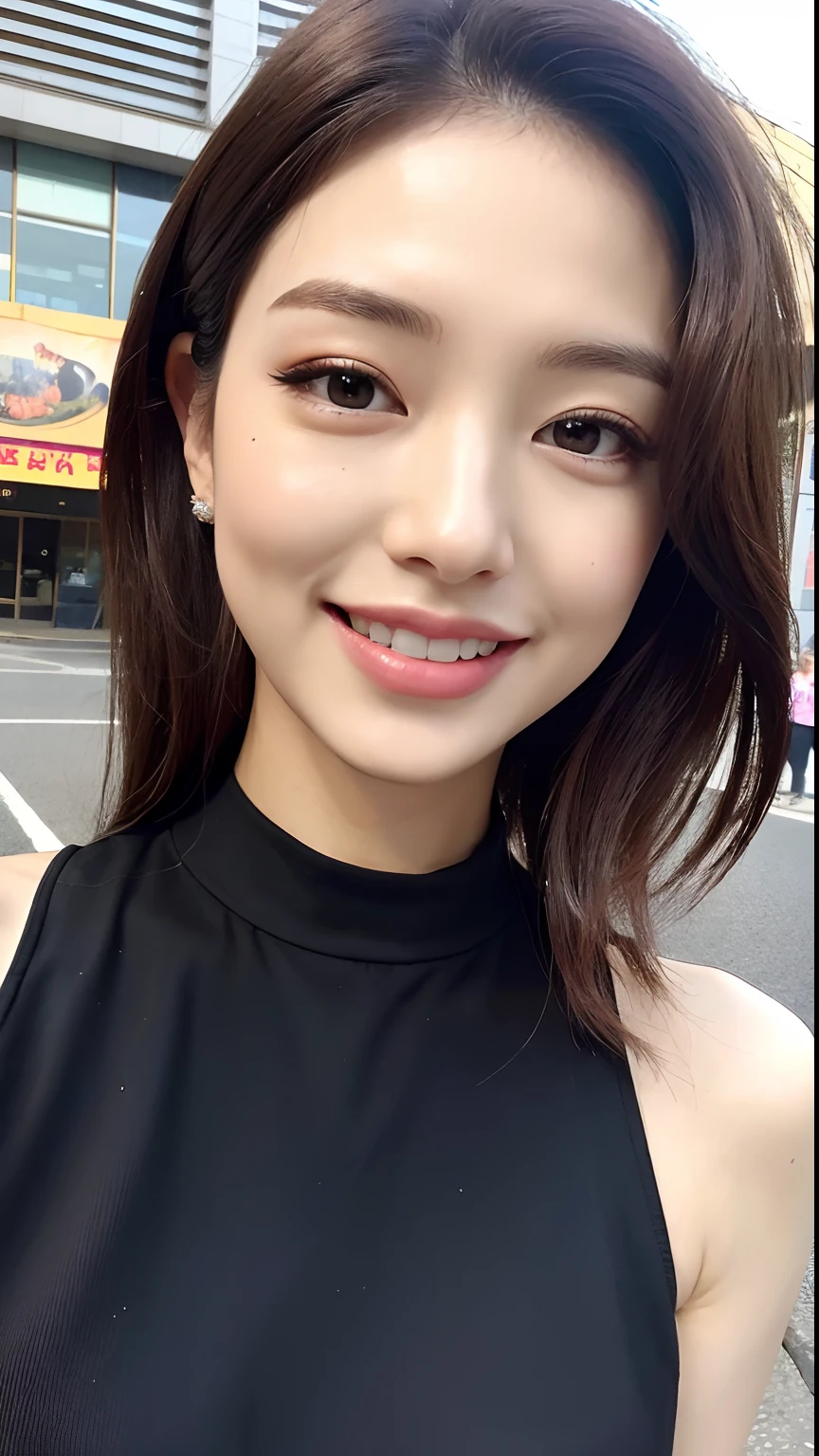 ((Best quality, 8k, Masterpiece :1.3)), 1girl, smiling, full body, slim face, Pretty woman, (Dark brown hair), full length dress :1.1, Ultra-detailed face, Detailed eyes, Double eyelid, blur background, slim face, city, outside, street,