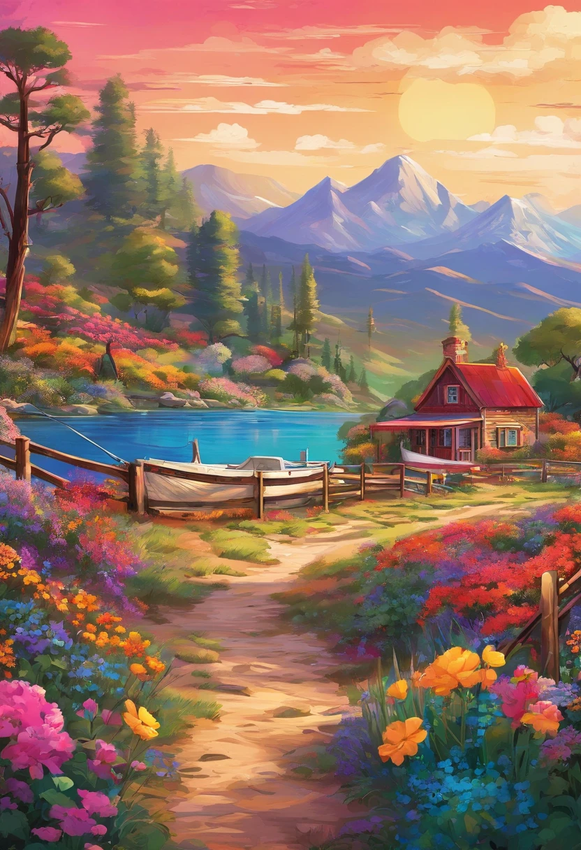 painting of a cottage, flowers beside of fence, fence along the road, mountain landscape with a lake and a boat, illustration matte painting, inspired by Thomas Kinkade, symmetric matte painting, detailed scenery , style raw, 8 k ultra detailed, environment design illustration, scenery art detailed, Seaside view, concept-art, 4k highly detailed digital art, 4 k digital painting, 4k digital painting, stunning digital illustration, Desert background, digital painting concept art, Detailed digital painting
