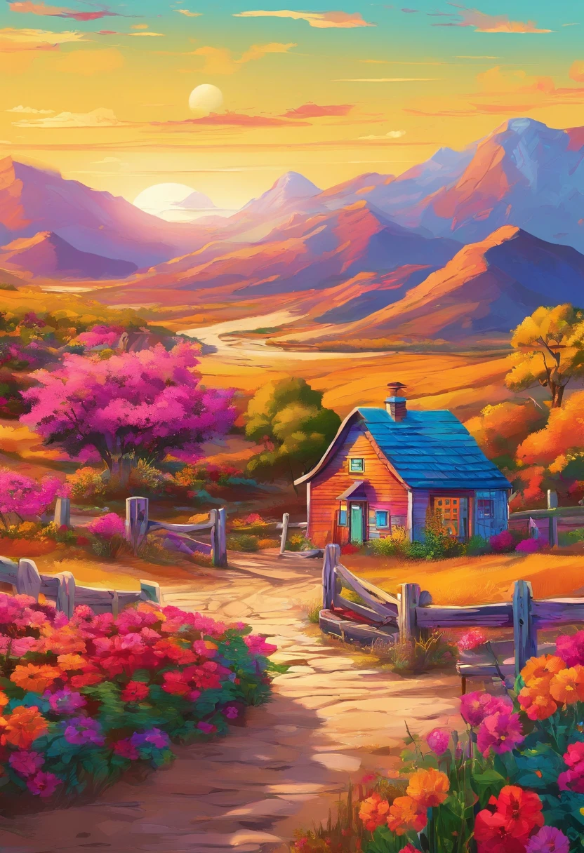 painting of a cottage, flowers beside of fence, fence along the road, mountain landscape with a lake and a boat, illustration matte painting, inspired by Thomas Kinkade, symmetric matte painting, detailed scenery , style raw, 8 k ultra detailed, environment design illustration, scenery art detailed, Seaside view, concept-art, 4k highly detailed digital art, 4 k digital painting, 4k digital painting, stunning digital illustration, Desert background, digital painting concept art, Detailed digital painting