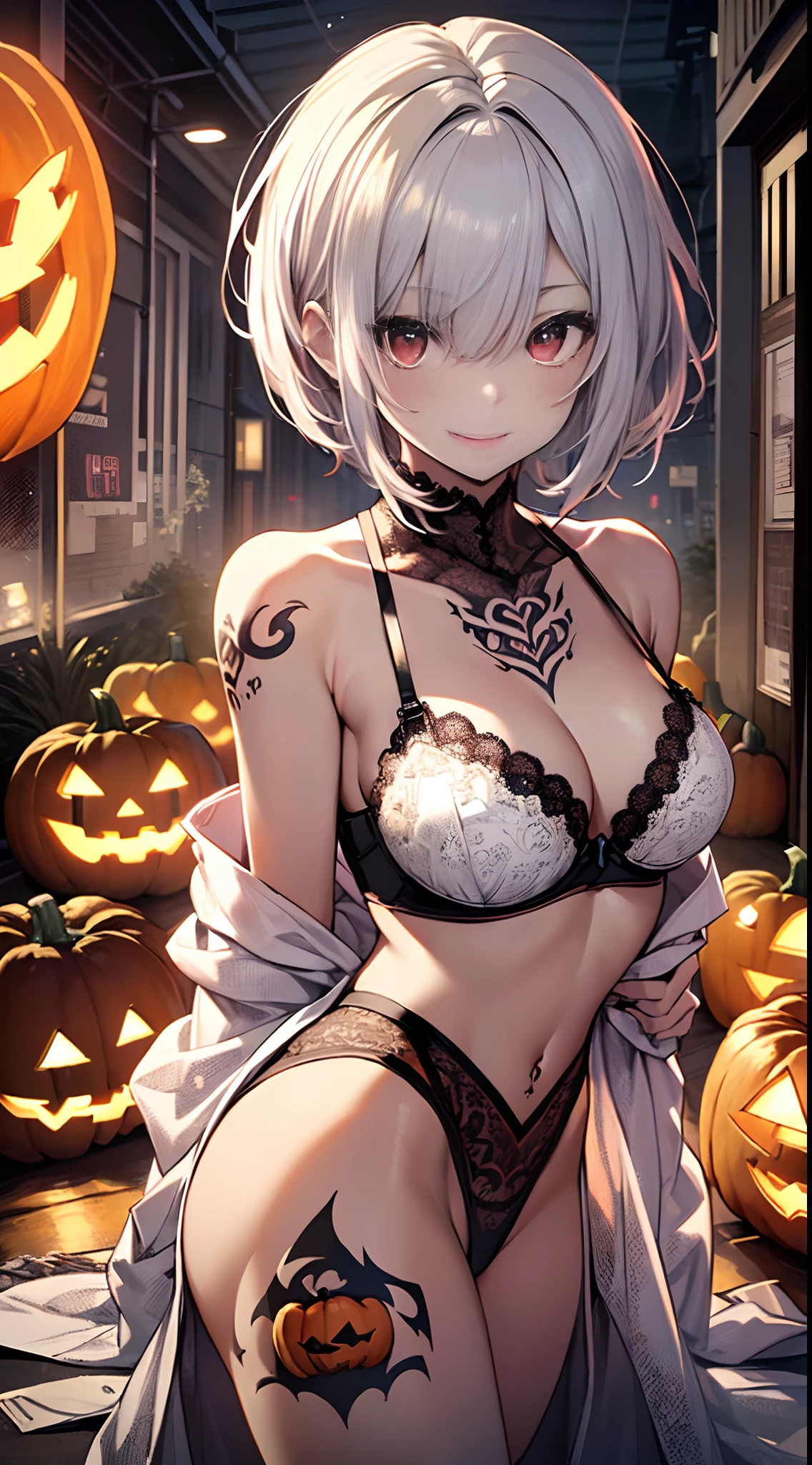 top-quality、Top image quality、in 8K,4K,​masterpiece、(NSFW:1.1)、ultra-detailliert、Beautiful、ultra-quality、adult-like、Cool、girl with(((18year old、Tube Top Bra、White lace panties:1.5、Bust 78、silber hair、a short bob、Red Eyes、erotick:1.4、Happiness、 jack-o-lanterns、The tattoo)))、hiquality、visualart、Background with((Halloween 1.3))、masutepiece