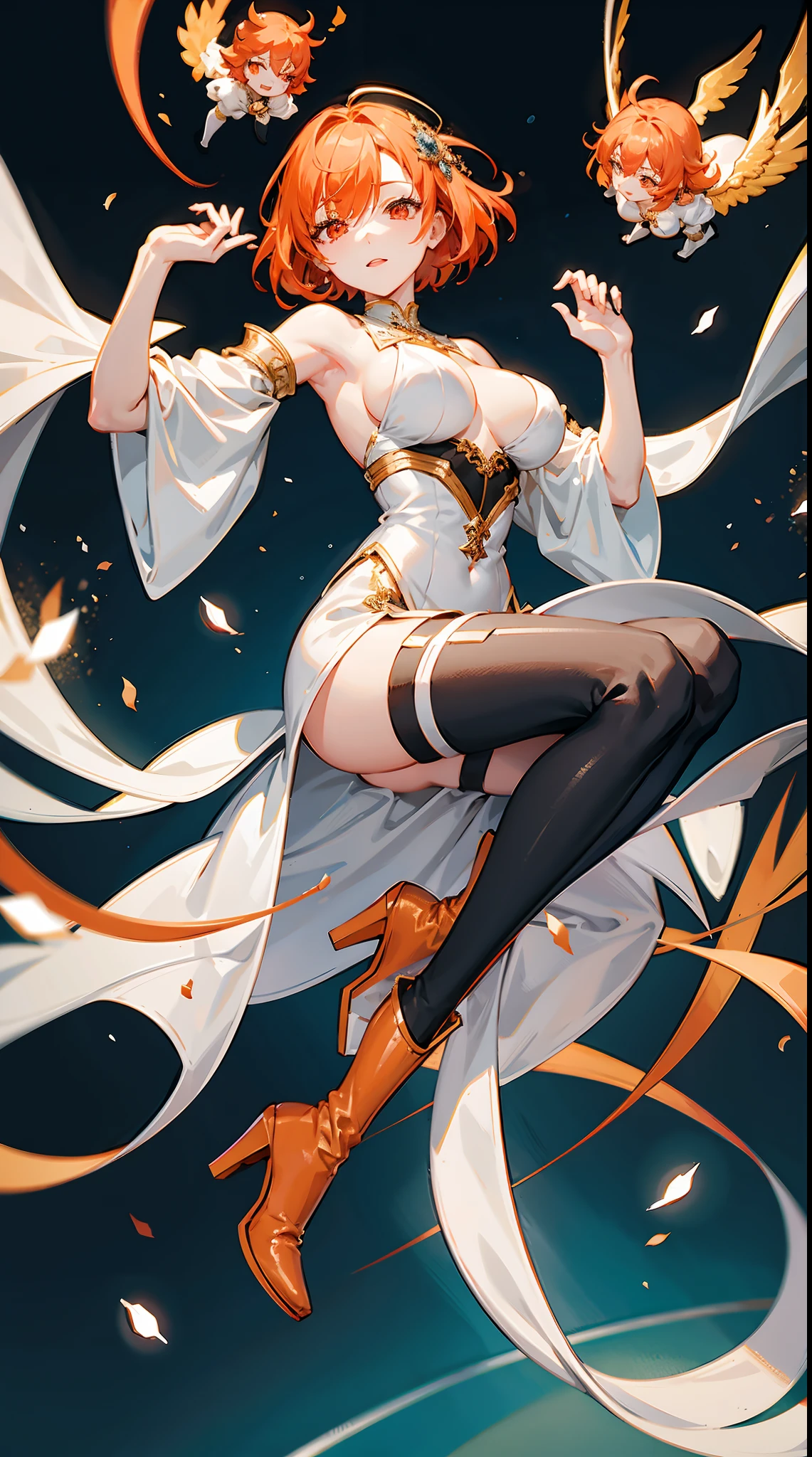 ((Best Quality, in 8K, All women, Seen from the front,masuter piece :0.5)), 1Woman in fantasy clothes in white tones, (One head, Two arms, I don't have anything in my hands, Orange shorthair, closed eye, Scarlet eyes, Black long tights, large full breasts, I'm in love with, glad, long boots,),