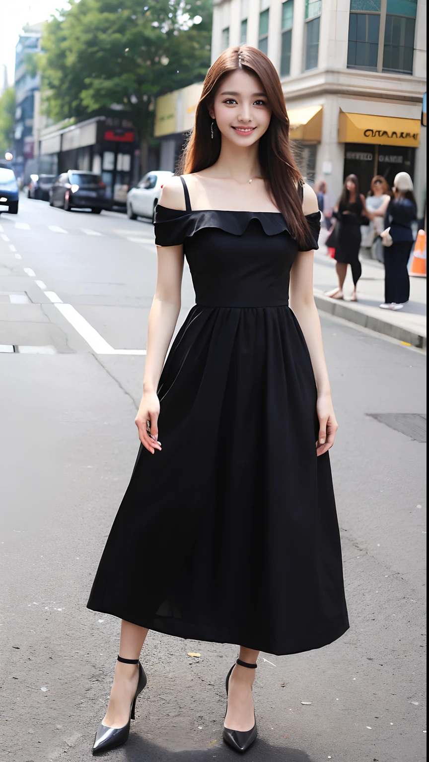 ((Best quality, 8k, Masterpiece :1.3)), 1girl, smiling, full body, slim face, Pretty woman, (Dark brown hair), full length dress :1.1, Ultra-detailed face, Detailed eyes, Double eyelid, blur background, slim face, city, outside, street,