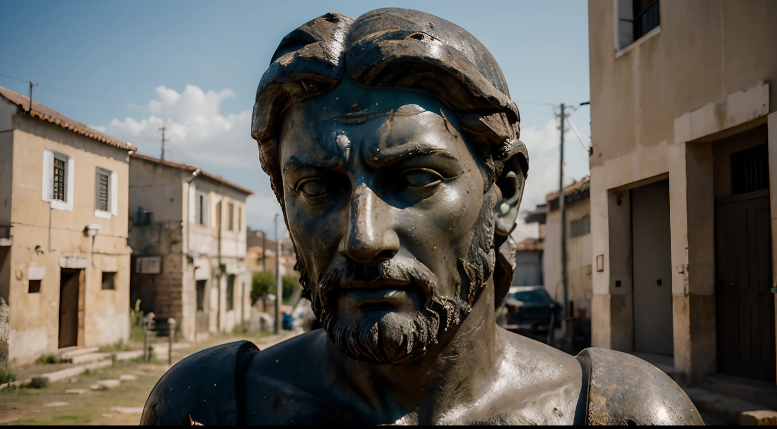 Ancient Stoic Statue With Very Angry Expression, tem barba, muitos detalhes em ambos os olhos, Outside, fundo atenas grego, open sky, com rosto extremamente detalhado full body view, Colors with low saturation with dark tone, Filmado em Sony A7S III com Sony FE 35mm f/1.8, 12.1 MP, --AR 3:2 --estilo cru