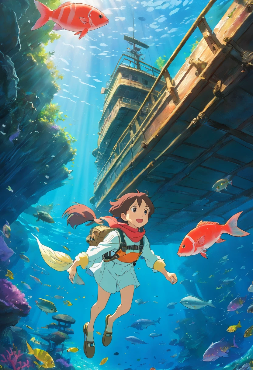 (highres:1.2,UHD,underwater),amy rose,scuba diving,shipwreck,clear water,coral reefs,fish swimming,sun rays,deep sea exploration,adventure,exploring the unknown,diving equipment,diving mask,flippers,wetsuit,underwater world,marine life,diver,depth,underwater photography,colorful,remote location,adventure sport,shipwreck exploration,rich biodiversity,vivid colors,detailed textures,water reflections,sunlight penetrating through water,exploration journey,depth perception,thrilling experience