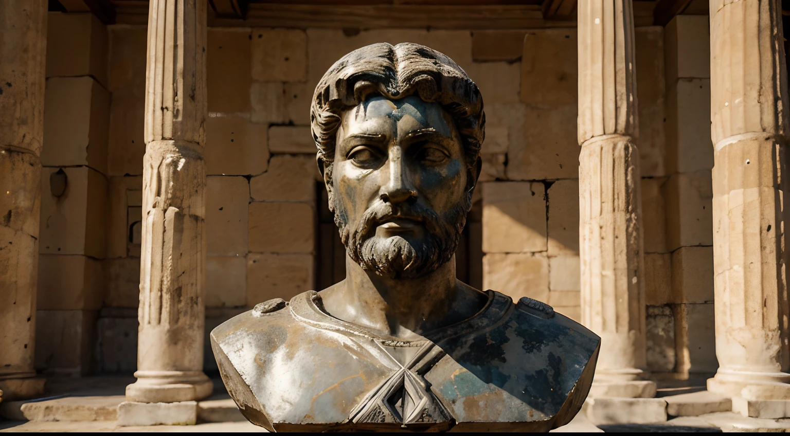 Ancient Stoic Statue With Very Angry Expression, tem barba, muitos detalhes em ambos os olhos, Outside, fundo atenas grego, open sky, com rosto extremamente detalhado full body view, Colors with low saturation with dark tone, Filmado em Sony A7S III com Sony FE 35mm f/1.8, 12.1 MP, --AR 3:2 --estilo cru