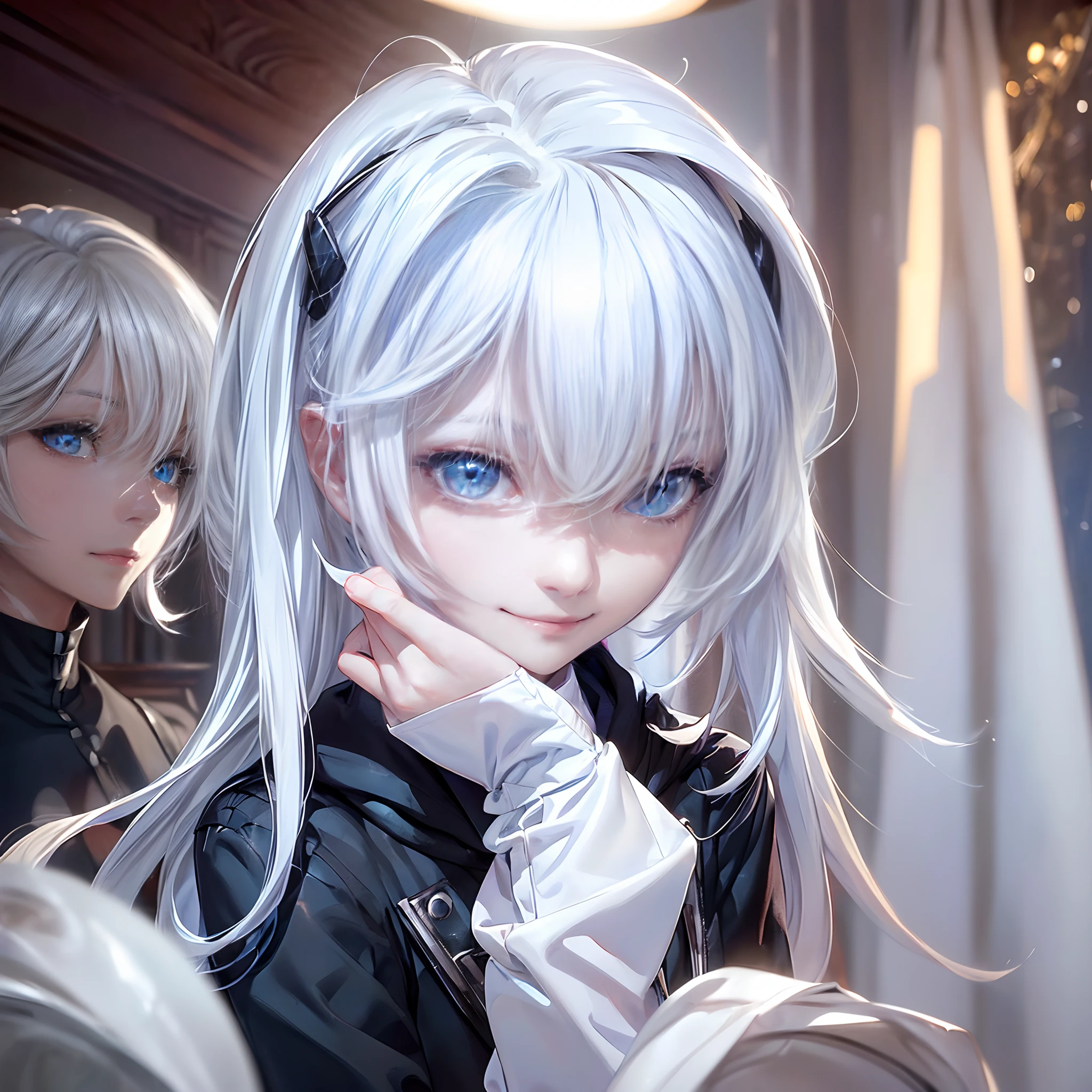 ((4K works))、masterpiece、(top-quality)、One Beautiful Girl、Slim body、tall、((Black Y-shirt and white pants、Charming street style))、Please wear one jacket、Wearing a hood to hide his face、(Detailed beautiful eyes)、Daytime coffee shop、((Bright coffee shop interior))、Stylish coffee shop、((Face similar to Carly Rae Jepsen))、((Short-haired white hair))、((Smaller face))、((Neutral face))、((Bright blue eyes))、((American adult women))、((Adult female 26 years old))、((cool lady))、((Like a celebrity))、((Smiling expression))、((Korean Makeup))、((elongated and sharp eyes))、((Happy dating))、((boyish))、Professional Photos、((Focus zoom on face))、((Face enhancement))、((Facial do-up))、((Photograph your face))、((Shot alone))、((Shot from diagonally below))、((Close-range shooting))、((He stares at the viewer))、((Bring your face closer to the camera))、((Put your hand on your cheek and smile))、((He sits in front of the viewer))