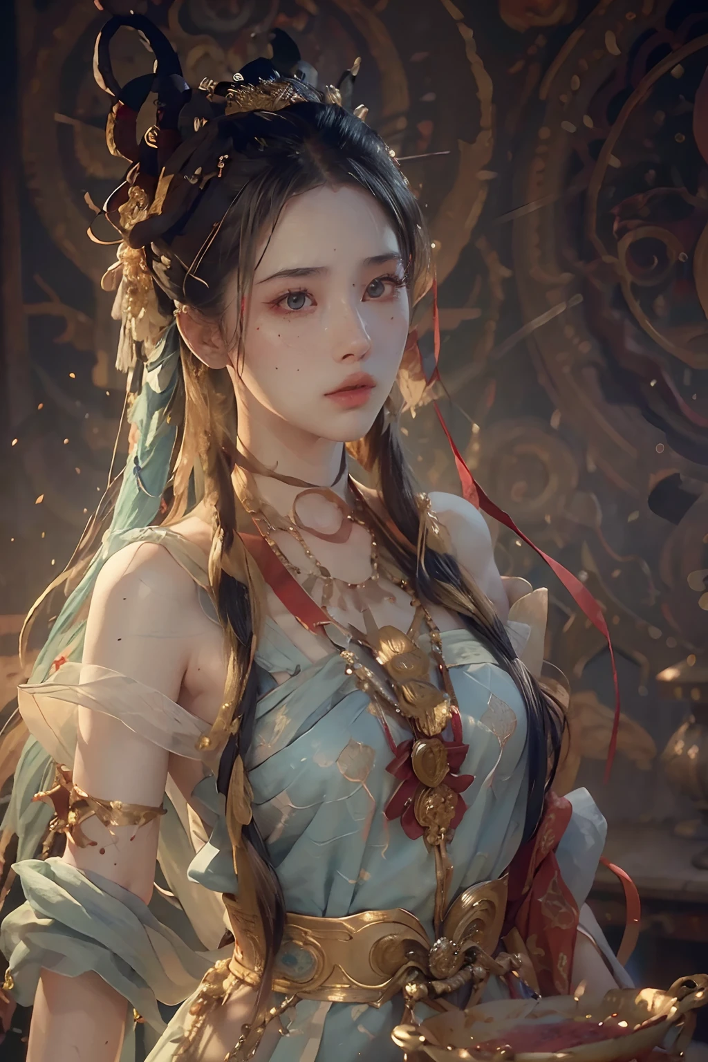 (RAW photo, best quality), (realistic, photo-realistic:1.3),best quality,highly detailed,masterpiece,ultra-detailed,illustration,1girl,upper_body,dynamic angle,world masterpiece theater,messy_long_hair,best quality,extremely detailed CG unity 8k wallpaper,ink,Amazing,cinematic lighting,lens_flare,,dunhuang_style