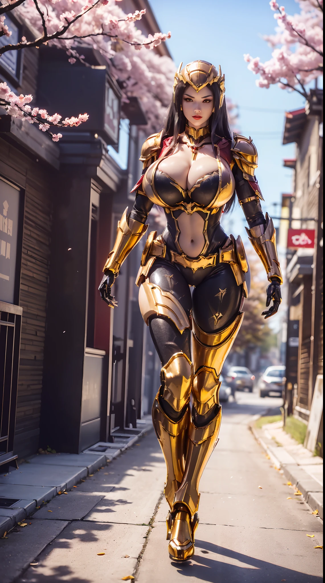 1GIRL, SOLO, (gold, mecha helm:1.3), (BIG BUTTOCKS, HUGE BOOBS:1.4), (DRAGON MECHA GUARD ARM, GLOVES), (Red), (MECHA CYBER SHINY ARMORED SUIT, ROYAL CAPE, CLEAVAGE, MECHA SKINTIGHT PANTS, GUARD ARMOR LEGS, HIGH HEELS:1.4), (MUSCULAR BODY, SEXY LONG LEGS, FULL BODY:1.5), (MUSCLE ABS:1.2), (LOOKING AT VIEWER:1), (WALKING DOWN ON STREET CHERRY TREES IN THE MORNING:1.3), PHYSICALLY-BASED RENDERING, ULTRA HIGHT DEFINITION, 16K, 1080P.