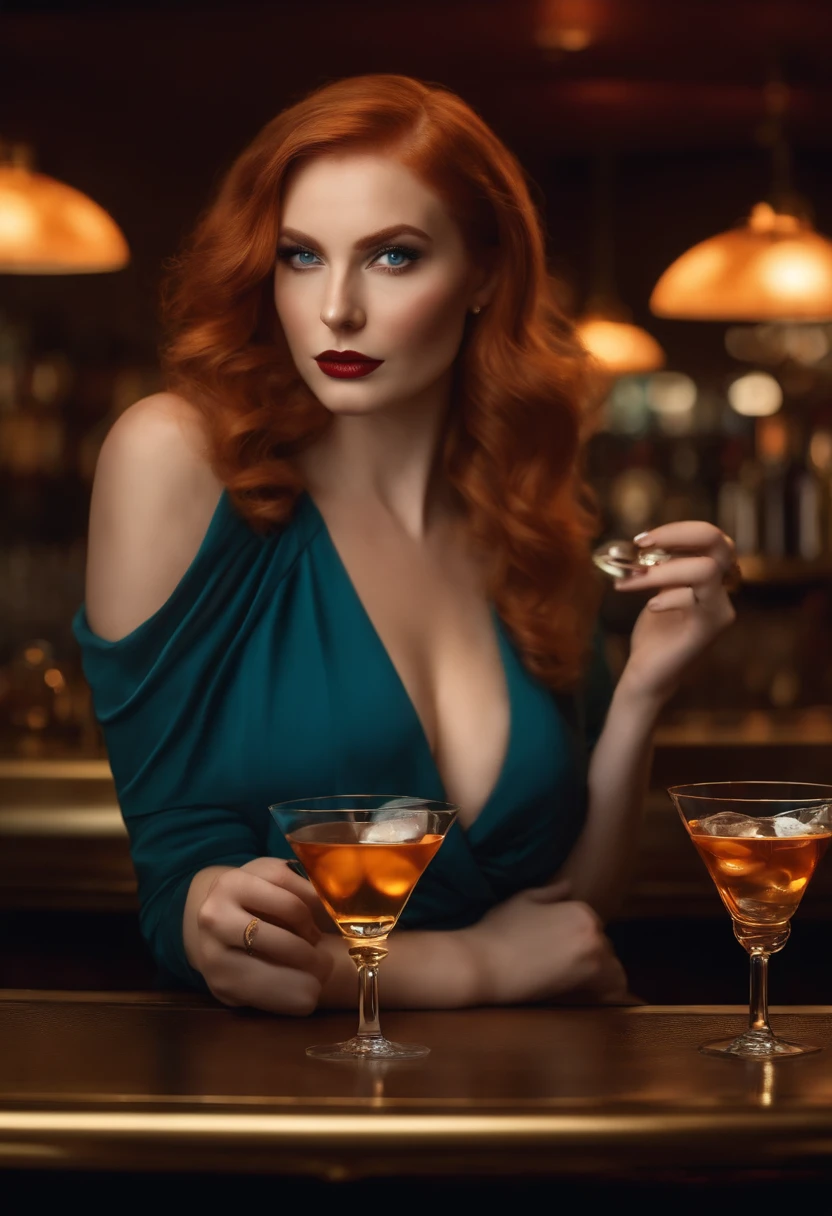 big boobs redhead tall big ass blue eyes perfect nose curvy round face straight eyebrow god, holding a martini in a fancy bar