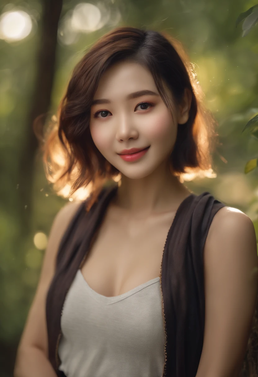 4k ,ultra high res ,(photo realistic: 1.5) ,detailed face ,1 girl ,looking at viewer, bob cut ,natural ,detailed face ,cute ,kawaii,nature ,cleavage,japan ,smile ,