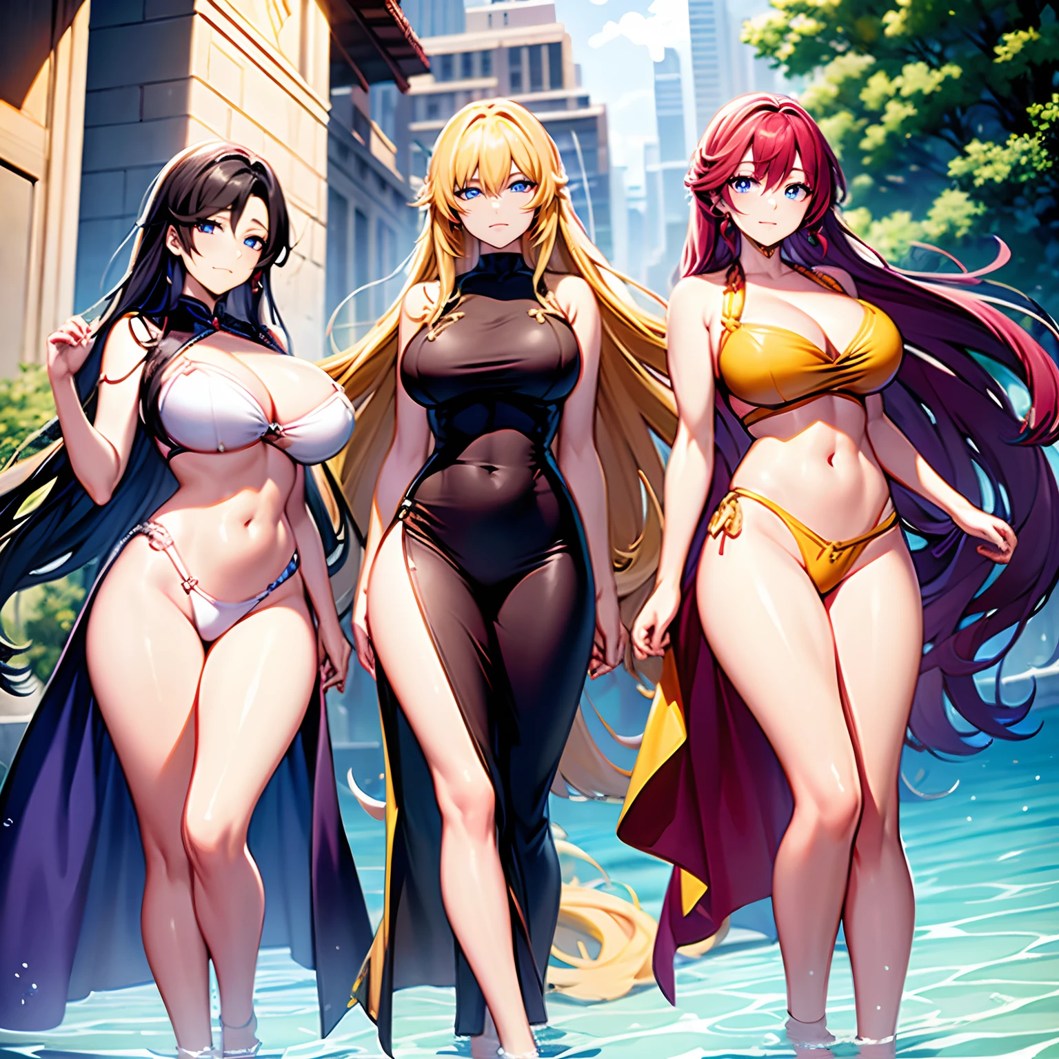 women controlling the four elements standing side by side ,(in order water fire earth air),cool, perfect eyes, quality eyes