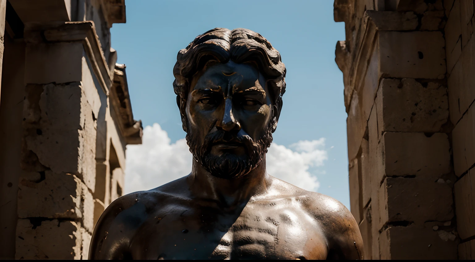 Ancient Stoic Statue With Very Angry Expression, tem barba, muitos detalhes em ambos os olhos, Outside, fundo atenas grego, open sky, com rosto extremamente detalhado full body view, Colors with low saturation with dark tone, Filmado em Sony A7S III com Sony FE 35mm f/1.8, 12.1 MP, --AR 3:2 --estilo cru