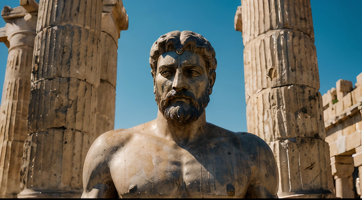Ancient Stoic Statue With Very Angry Expression, tem barba, muitos detalhes em ambos os olhos, Outside, fundo atenas grego, open sky, com rosto extremamente detalhado full body view, Colors with low saturation with dark tone, Filmado em Sony A7S III com Sony FE 35mm f/1.8, 12.1 MP, --AR 3:2 --estilo cru