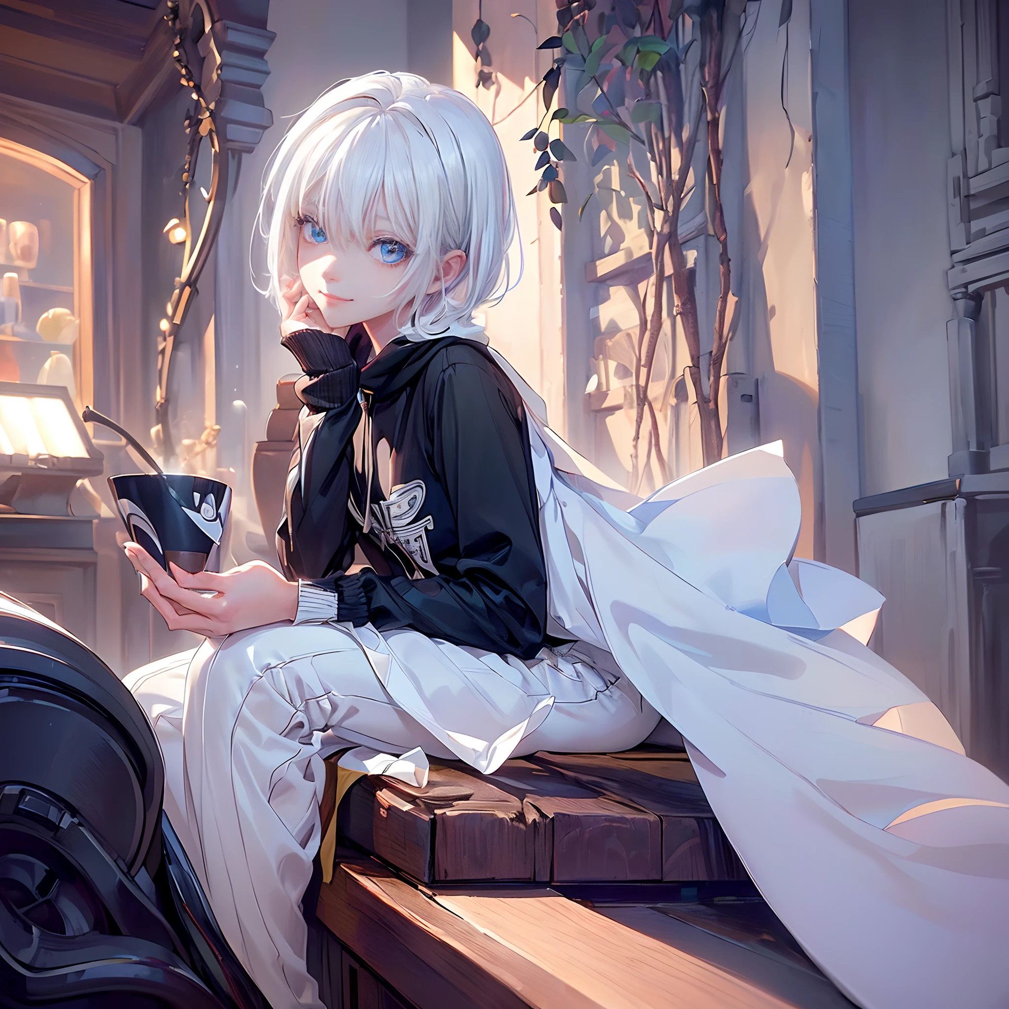 ((4K works))、masterpiece、(top-quality)、One Beautiful Girl、Slim body、tall、((Black Y-shirt and white pants、Charming street style))、Please wear one jacket、Wearing a hood to hide his face、(Detailed beautiful eyes)、Daytime coffee shop、((Bright coffee shop interior))、Stylish coffee shop、((Face similar to Carly Rae Jepsen))、((Short-haired white hair))、((Smaller face))、((Neutral face))、((Bright blue eyes))、((American adult women))、((Adult female 26 years old))、((cool lady))、((Like a celebrity))、((Smiling expression))、((Korean Makeup))、((elongated and sharp eyes))、((Happy dating))、((boyish))、Professional Photos、((Focus zoom on face))、((Face enhancement))、((Facial do-up))、((Photograph your face))、((Shot alone))、((Shot from diagonally below))、((Close-range shooting))、((He stares at the viewer))、((Bring your face closer to the camera))、((Put your hand on your cheek and smile))、((He sits in front of the viewer))