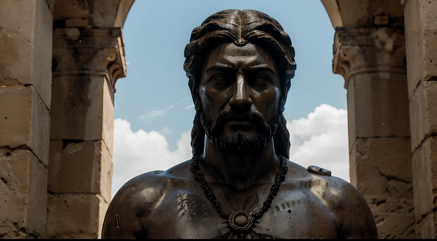 Ancient Stoic Statue With Very Angry Expression, tem barba, muitos detalhes em ambos os olhos, Outside, fundo atenas grego, open sky, com rosto extremamente detalhado full body view, Colors with low saturation with dark tone, Filmado em Sony A7S III com Sony FE 35mm f/1.8, 12.1 MP, --AR 3:2 --estilo cru