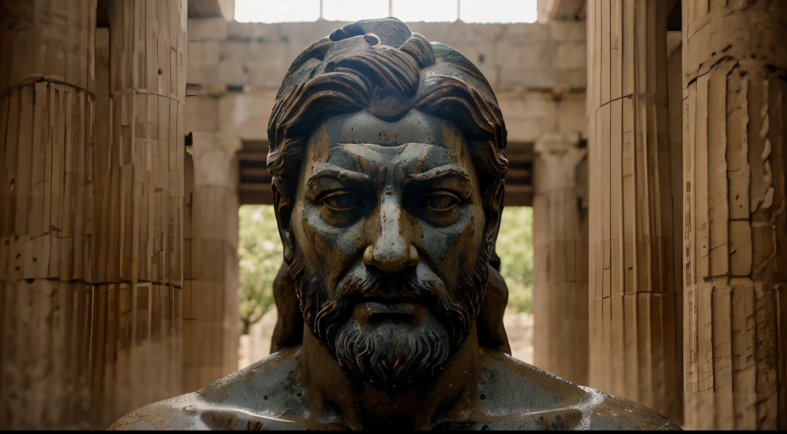 Ancient Stoic Statue With Very Angry Expression, tem barba, muitos detalhes em ambos os olhos, Outside, fundo atenas grego, open sky, com rosto extremamente detalhado full body view, Colors with low saturation with dark tone, Filmado em Sony A7S III com Sony FE 35mm f/1.8, 12.1 MP, --AR 3:2 --estilo cru