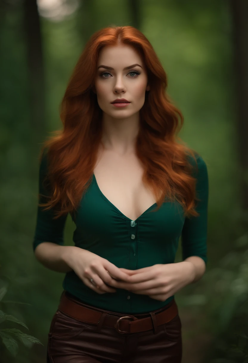 professional, (4k photo:1.1) by (Jeremy Lipking:0.3), (Dittmann Anna:0.3), (Arian Mark:0.3), (Sharp focus:1.3), high detail, wearing (tight shirt:1.2), beautiful detailed face, an attractive woman with long red hair looks into the camera, looking like actress Katherine McNamara, panasonic lumix s pro 50mm f/1.4, anne stokes, color splash, dark orange and dark emerald, ferrania p30, photo realistic, (attractive young woman:1.3), (seductive:1.1), (blushing:1.1), hourglass body shape, big round breasts, wide hips, hicking in a montaintrail.