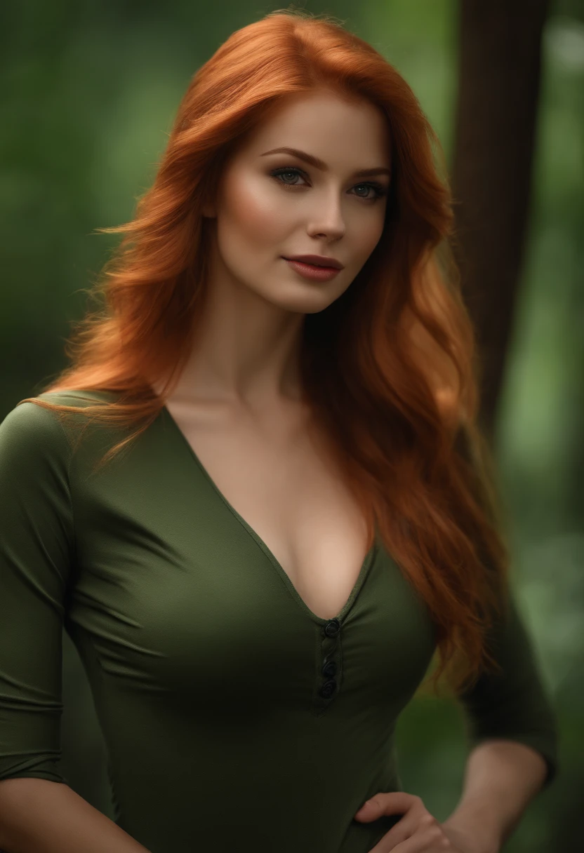 professional, (4k photo:1.1) by (Jeremy Lipking:0.3), (Dittmann Anna:0.3), (Arian Mark:0.3), (Sharp focus:1.3), high detail, wearing (tight shirt:1.2), beautiful detailed face, an attractive woman with long red hair looks into the camera, looking like actress Katherine McNamara, panasonic lumix s pro 50mm f/1.4, anne stokes, color splash, dark orange and dark emerald, ferrania p30, photo realistic, (attractive young woman:1.3), (seductive:1.1), (blushing:1.1), hourglass body shape, big round breasts, wide hips, hicking in a montaintrail.