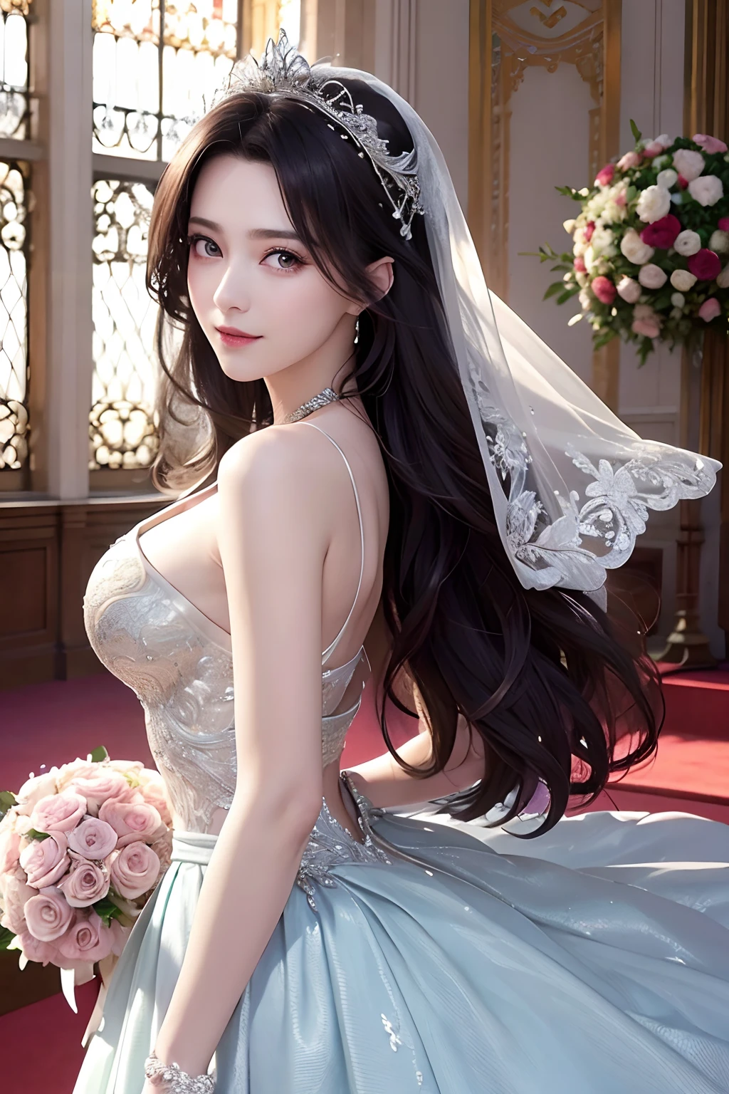 (Best Quality, masutepiece:1.2), (Realistic:1.3),, (hyper detailed background, Detailed background), Bokeh,, , gorgeous prom dresses, Luxury Prom Dresses, wedding dress, Bridal Veil, bridal gauntlets, Bridal Cascade Bouquet,, Upper body,, Wedding in the church,, , 1girl in, Cute, Teenage, Posing, Smiling,, Dynamic Angle, Dynamic Pose,, , Very long hair