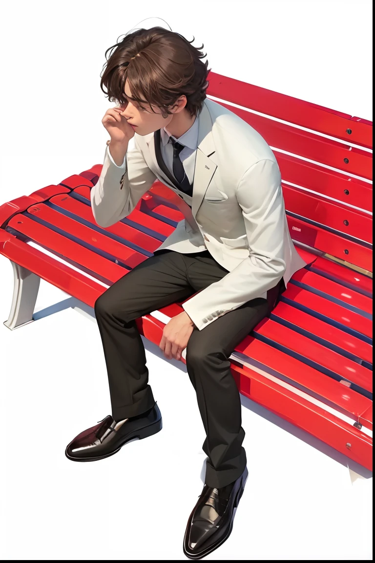 ​masterpiece、View your phone１High School Man、White Blazer、white  shirt、Brown tie、Have a smartphone、Dark blue slacks、Brown loafers、Benches、Man sitting、Plain background