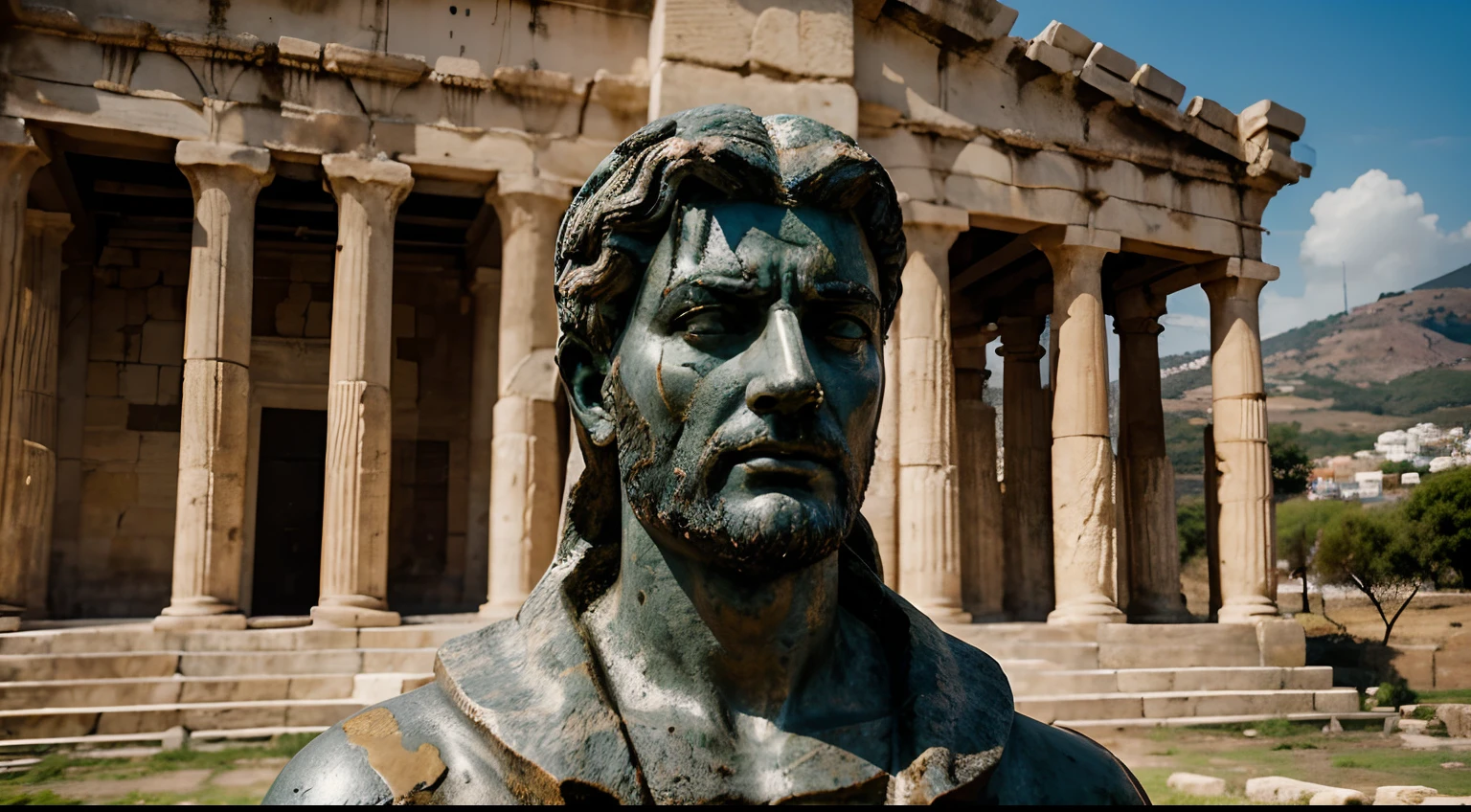 Ancient Stoic Statue With Very Angry Expression, tem barba, muitos detalhes em ambos os olhos, Outside, fundo atenas grego, open sky, com rosto extremamente detalhado full body view, Colors with low saturation with dark tone, Filmado em Sony A7S III com Sony FE 35mm f/1.8, 12.1 MP, --AR 3:2 --estilo cru