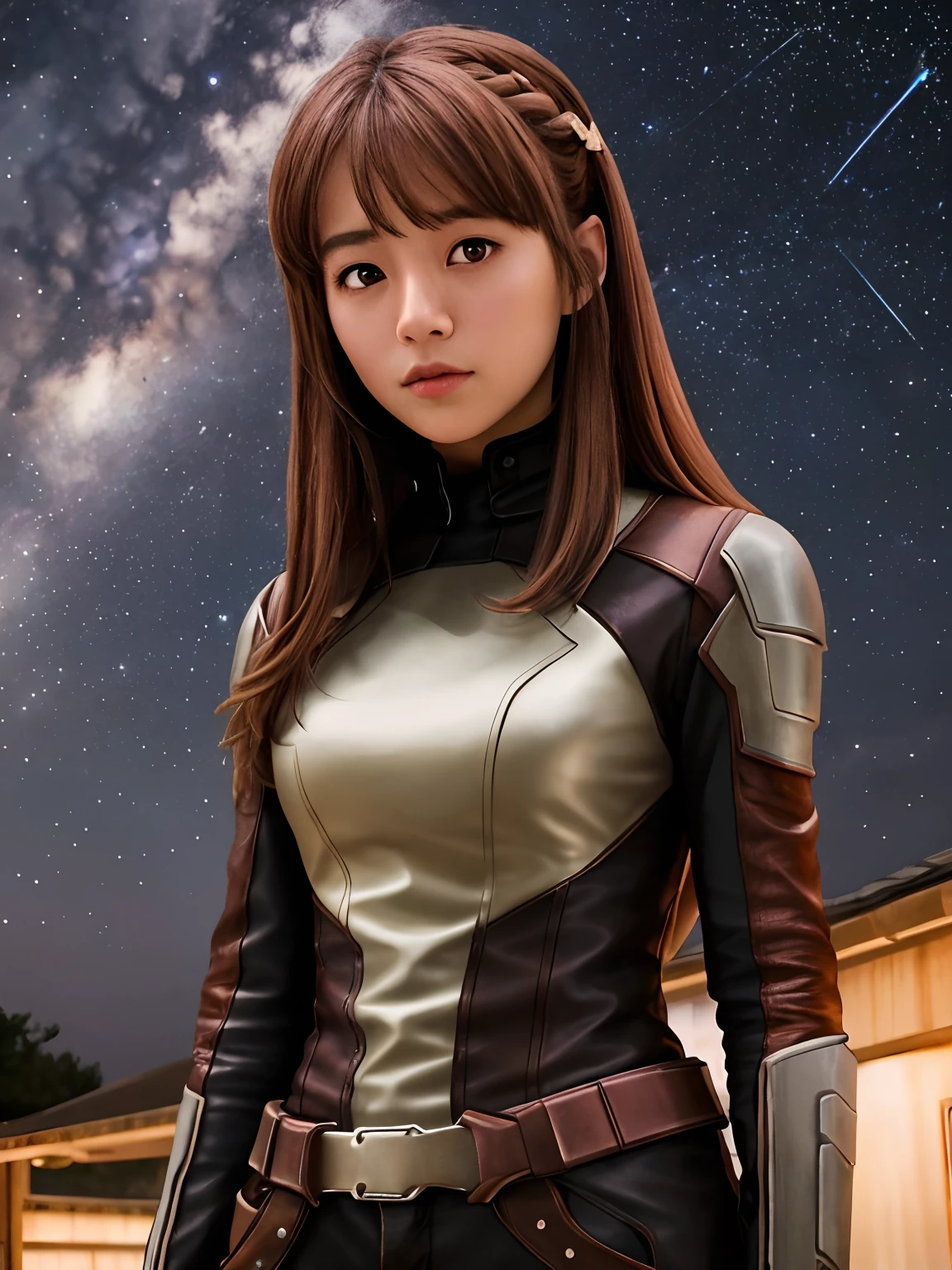 (highres, best quality:1.2), 1girl, radiance, upper body, Asahina Mikuru, guardians of the Galaxy, solo, brown hair, long hair, brown eyes, cowboy shot, ((photo)), 8k, japanese age girl, starry sky