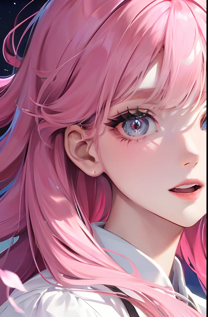 8K, masutepiece, Best Quality, Night, fullmoon, 1 girl, Korean style, Mature Woman, Sister, Woman with long pink hair, Long hair, Light pink lips, Calm, logical, Bangs, gray pupils, flowers background, Petal dance, Delicate face, close up, Face Zoom, Detailed face, Detailed eyes, Looking at Viewer, close to viewer