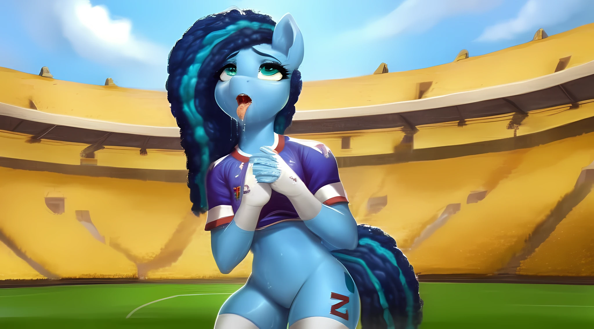 (score_9m), (rating_safe), ((2d)), solo, 4k, a female ((anthro pony misty brightdawn)), (at a stadium), bedroom eyes, pony, beautiful, detailed cute pony face, (sweaty), thicc, (looking at you), wet mane, delicious thighs and athletic body, ((ahegao, wearing a soccer shirt and socks)), drooling, saliva, nice hands, perfect hands