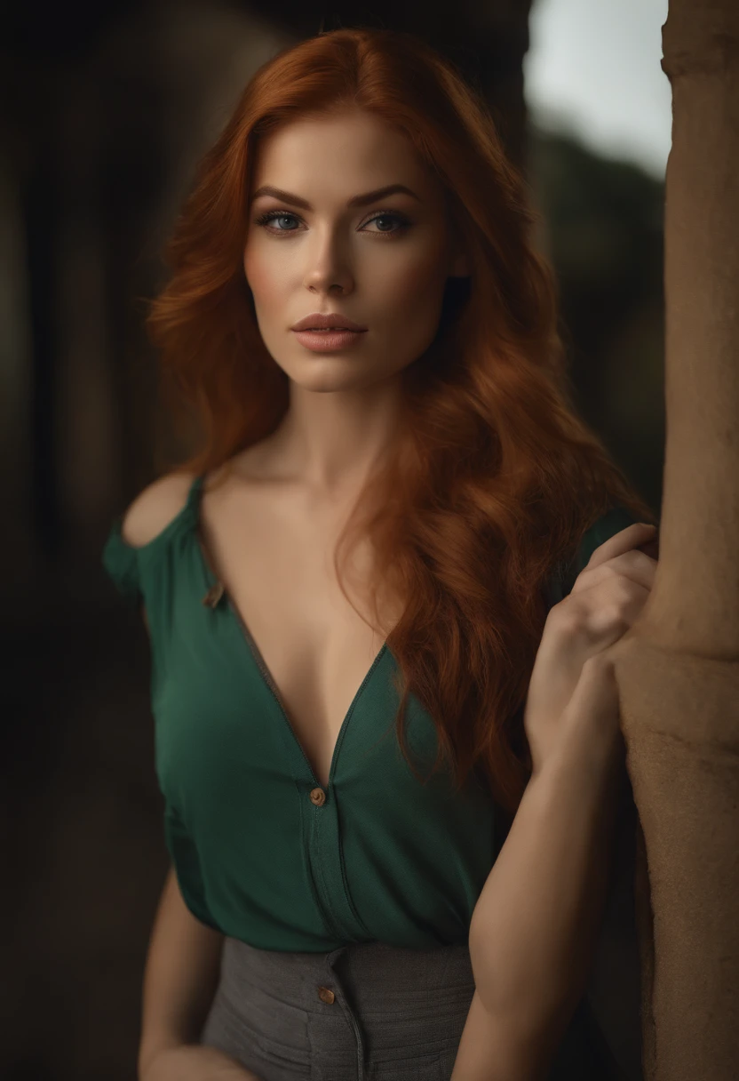 professional, (4k photo:1.1) by (Jeremy Lipking:0.3), (Dittmann Anna:0.3), (Arian Mark:0.3), (Sharp focus:1.3), high detail, wearing (tight shirt:1.2), beautiful detailed face, an attractive woman with long red hair looks into the camera, looking like actress Katherine McNamara, panasonic lumix s pro 50mm f/1.4, anne stokes, color splash, dark orange and dark emerald, ferrania p30, photo realistic, (attractive young woman:1.3), (seductive:1.1), (blushing:1.1), hourglass body shape, big round breasts, wide hips, in a background of puerto viejo costa rica.