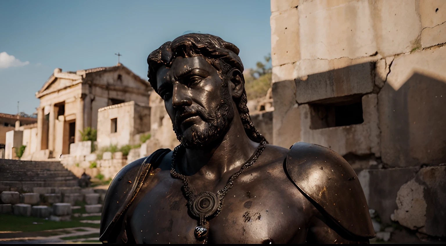 Ancient Stoic Statue With Very Angry Expression, tem barba, muitos detalhes em ambos os olhos, Outside, fundo atenas grego, open sky, com rosto extremamente detalhado full body view, Colors with low saturation with dark tone, Filmado em Sony A7S III com Sony FE 35mm f/1.8, 12.1 MP, --AR 3:2 --estilo cru