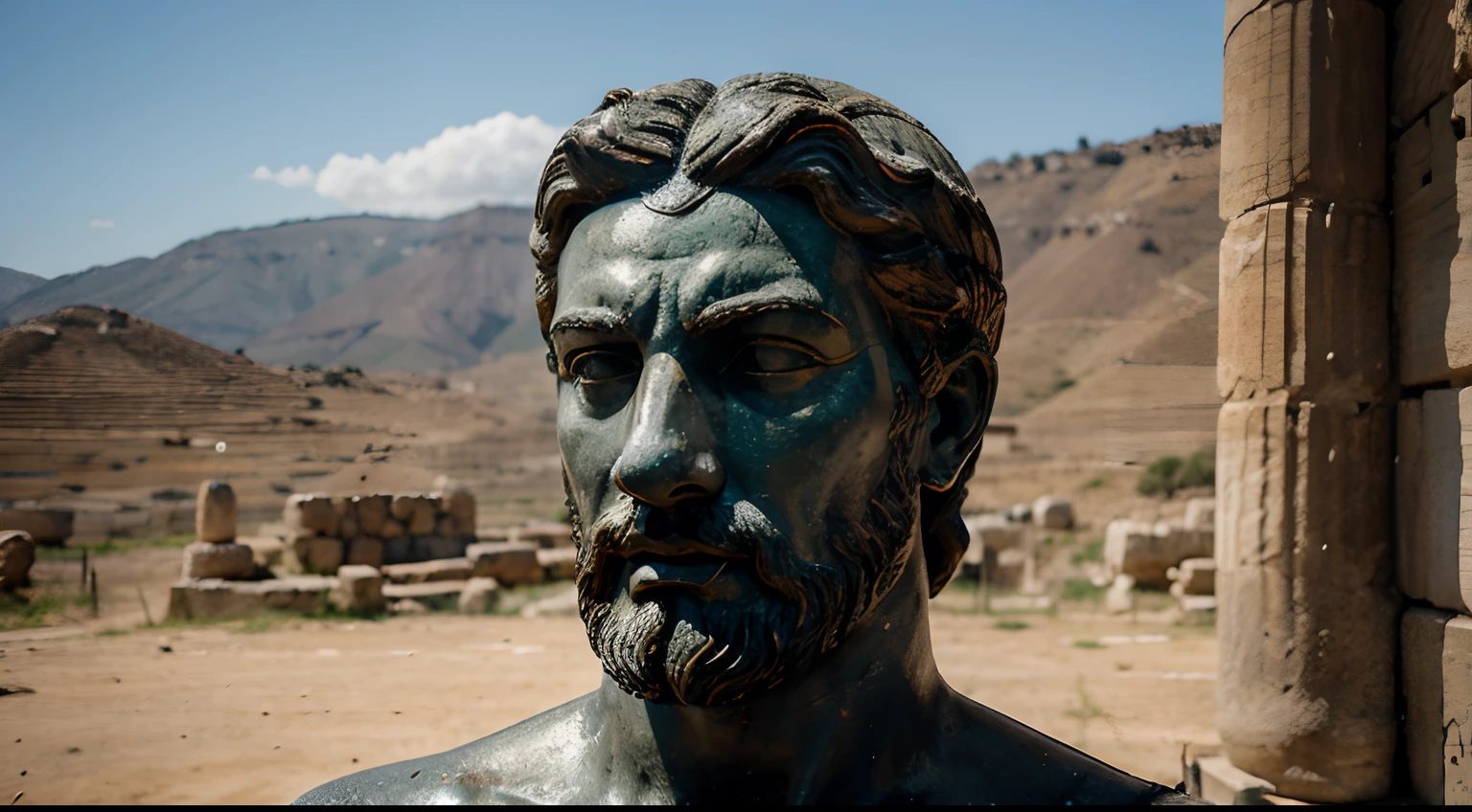 Ancient Stoic Statue With Very Angry Expression, tem barba, muitos detalhes em ambos os olhos, Outside, fundo atenas grego, open sky, com rosto extremamente detalhado full body view, Colors with low saturation with dark tone, Filmado em Sony A7S III com Sony FE 35mm f/1.8, 12.1 MP, --AR 3:2 --estilo cru