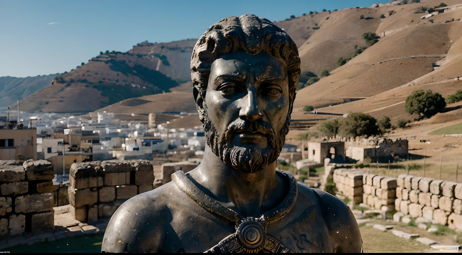 Ancient Stoic Statue With Very Angry Expression, tem barba, muitos detalhes em ambos os olhos, Outside, fundo atenas grego, open sky, com rosto extremamente detalhado full body view, Colors with low saturation with dark tone, Filmado em Sony A7S III com Sony FE 35mm f/1.8, 12.1 MP, --AR 3:2 --estilo cru